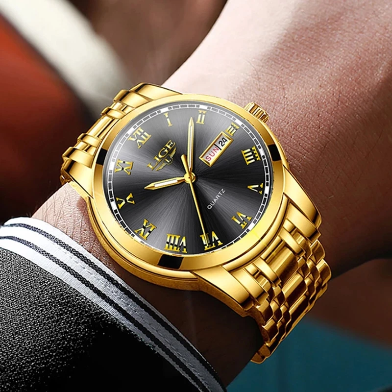 Relogio Masculino LIGE Gold Men Watch Waterproof Stainless Steel with date week Quartz Watches Men\'s Luxury Business Dress Clock