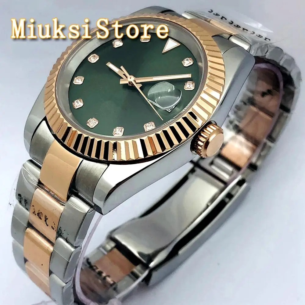 

BLIGER 39mm Rose Gold Top Luxury Watch Sapphire Crystal Green Dial Date 21 Jewelry Miyota 8215 Movement Automatic Watch