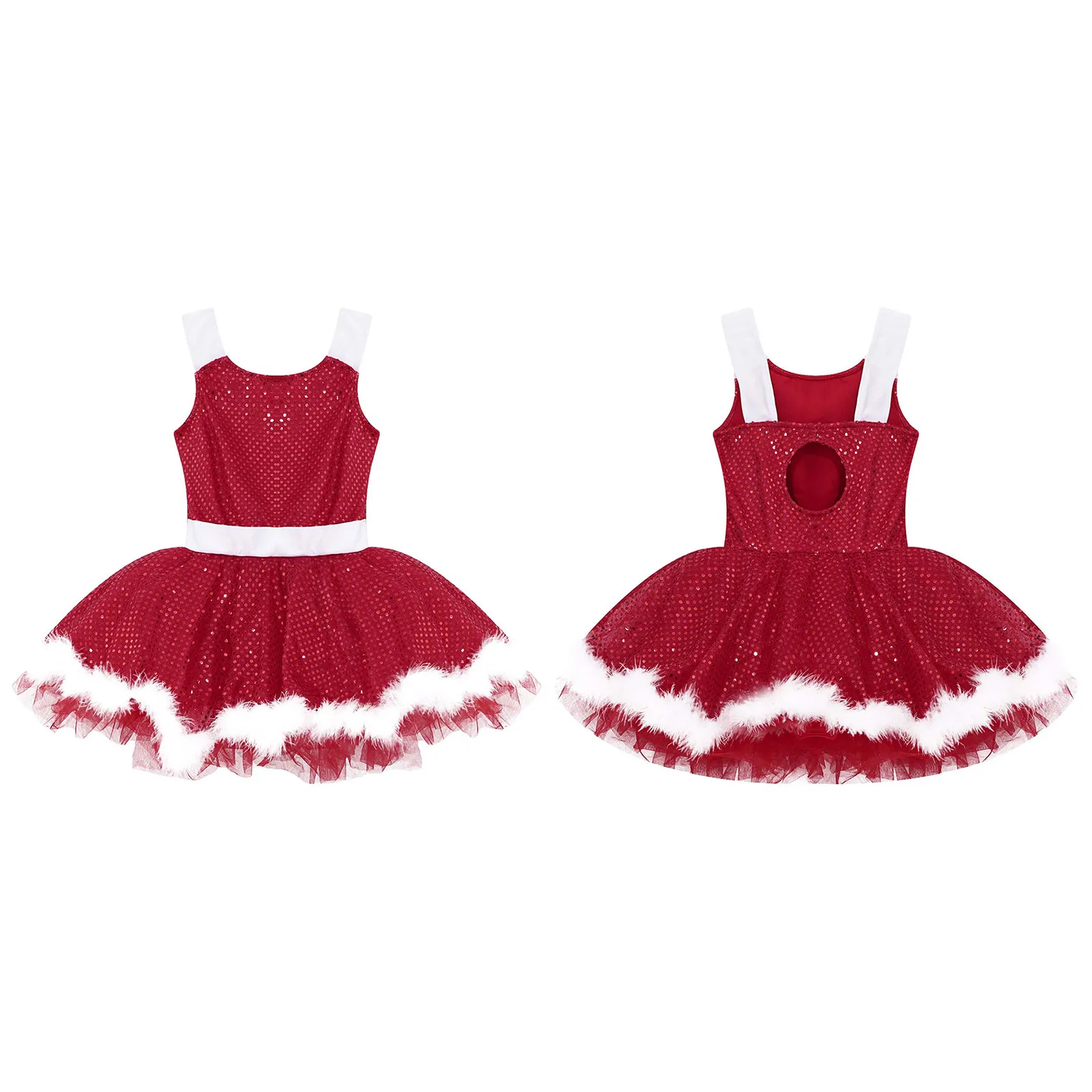 Kids Little Girls Short Mini Ballet Dance Dress Latin Dance Costume Cami Dress Sequins Faux Fur Adorned Dance LeotardsStage Show