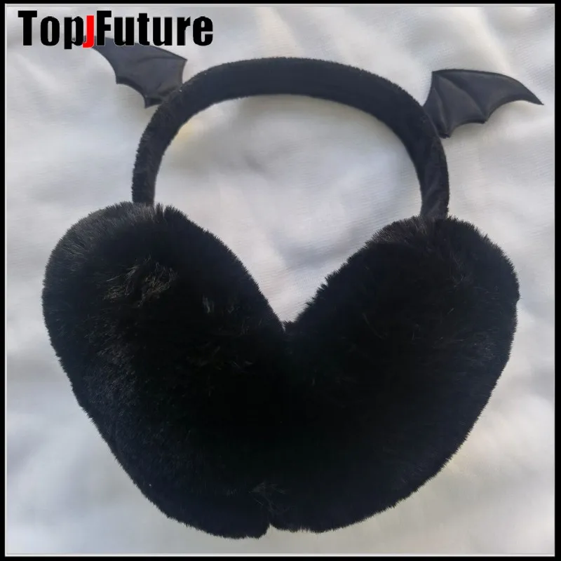 Harajuku Punk Girl Women Plush Cat Ear Bat Wing Warm Earmuffs Gothic Women\'s Lolita Warmer Muff Ear Cover Cross  Fold Headband