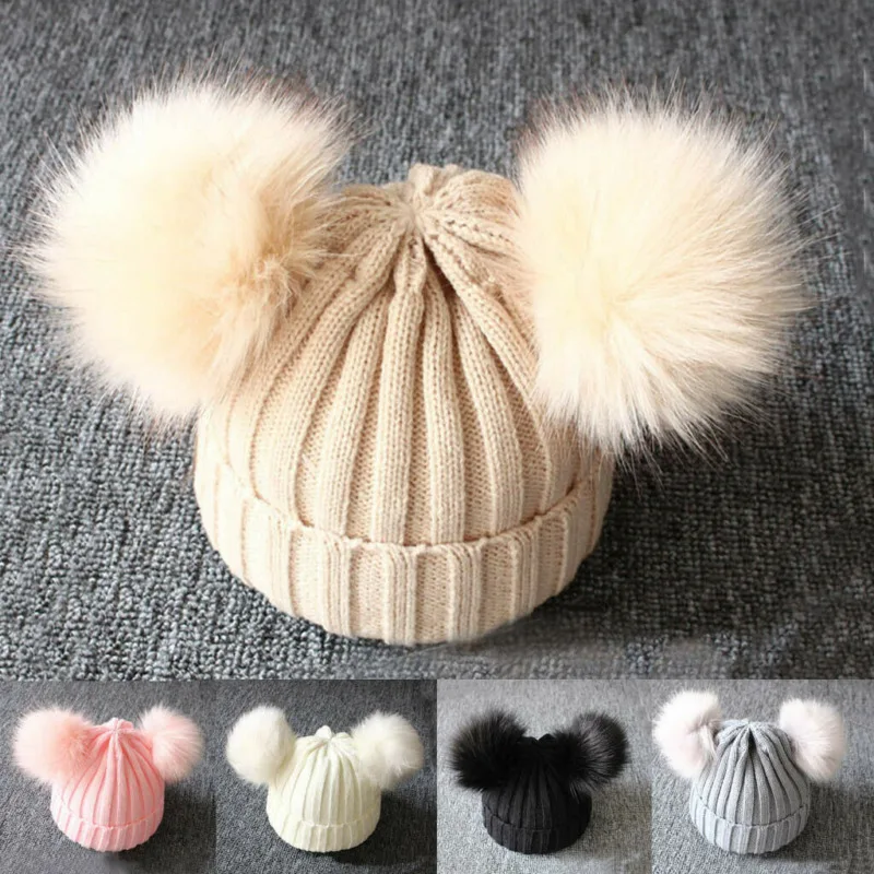 Newborn Baby Kids Girls Boys Winter Warm Knit Hat Furry Balls Pompom Solid Cute Lovely Beanie Cap Kids Fur Pom Hat Best Gifts