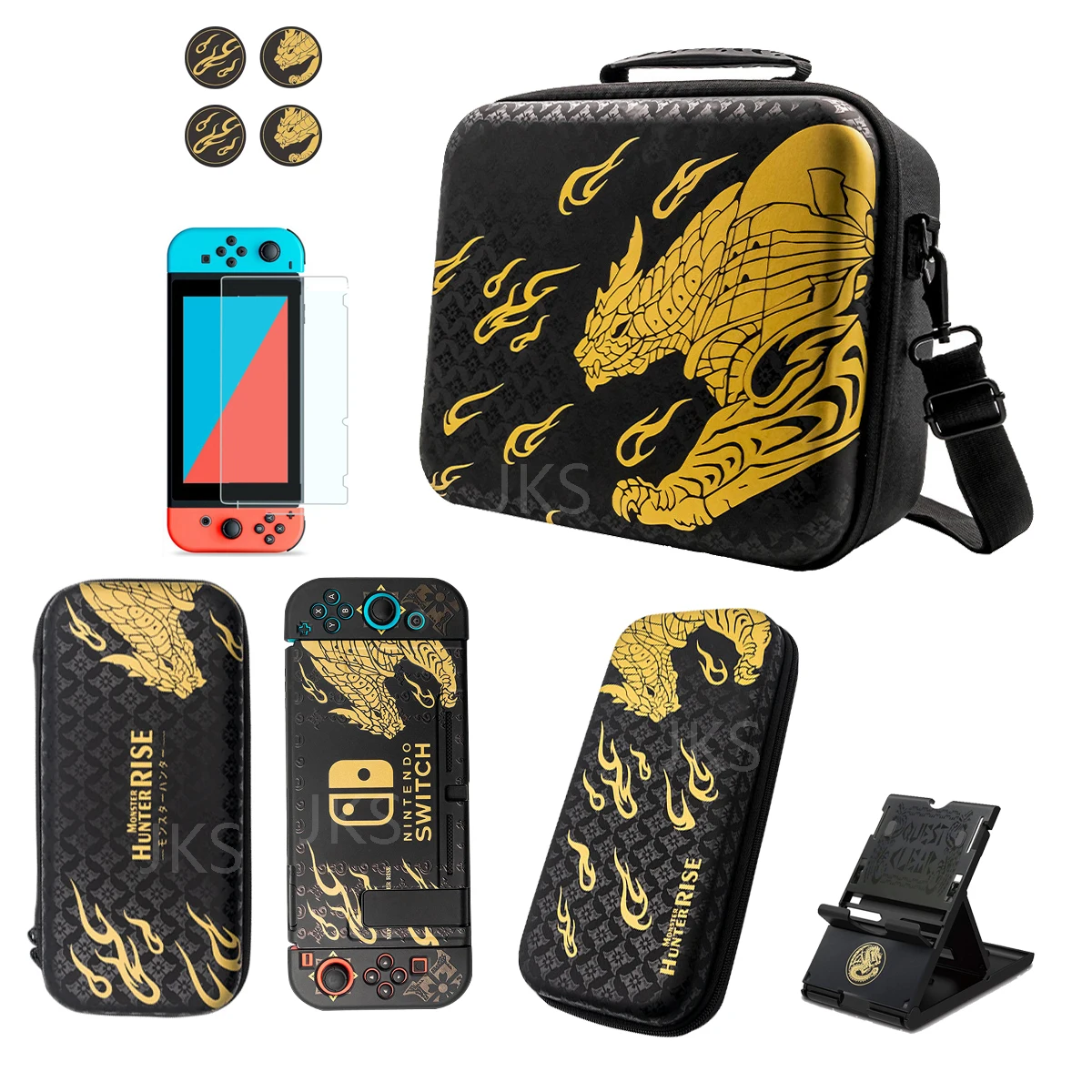 

Monster Hunter RISE Storage Bag Hard Box Travel Carrying Case Thumb Grip Cap Tempered Glass Film for Nintendo Switch