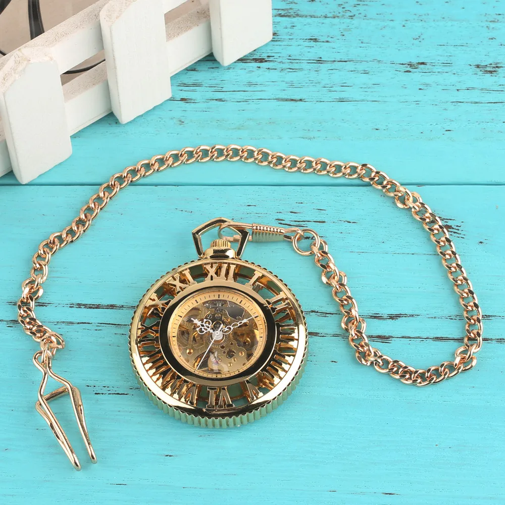 Golden Roman Numerals Skeleton Mechanical Self-Winding Pocket Watch Transparent Glass Open Face Automatic Antique Timepiece