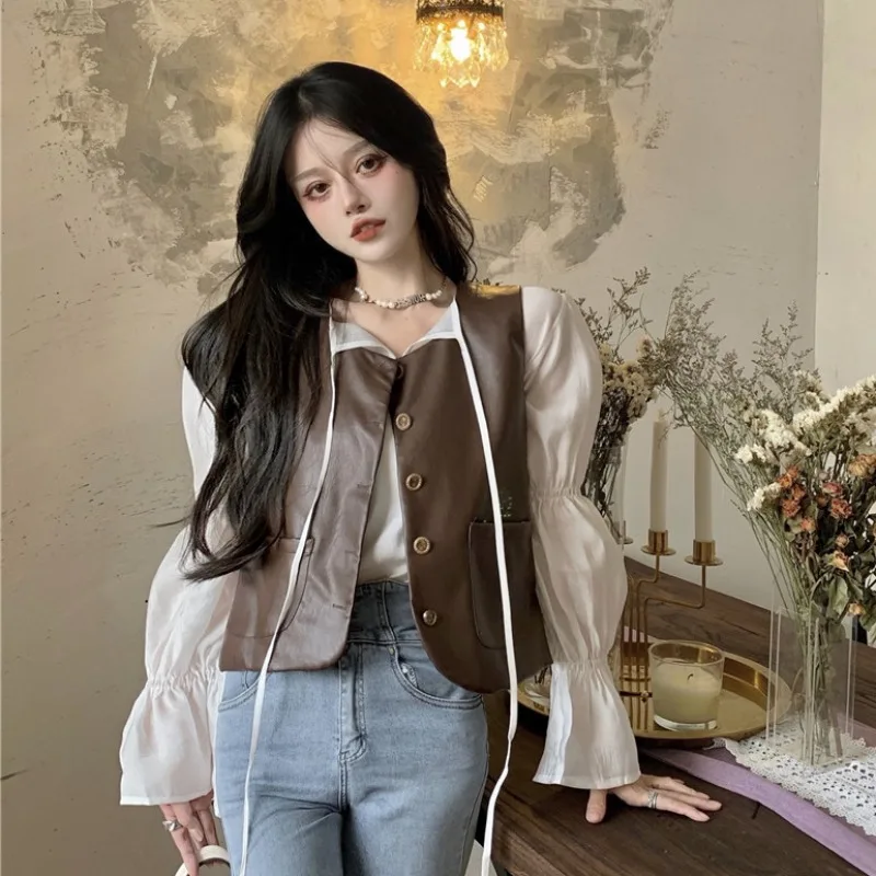 

Fashion Tops Women Pu Leather Vest Jackets with Chiffan Shirt 2021 Autumn New 2 Pcs Clothing Female Fashion Leather Outwear Vest