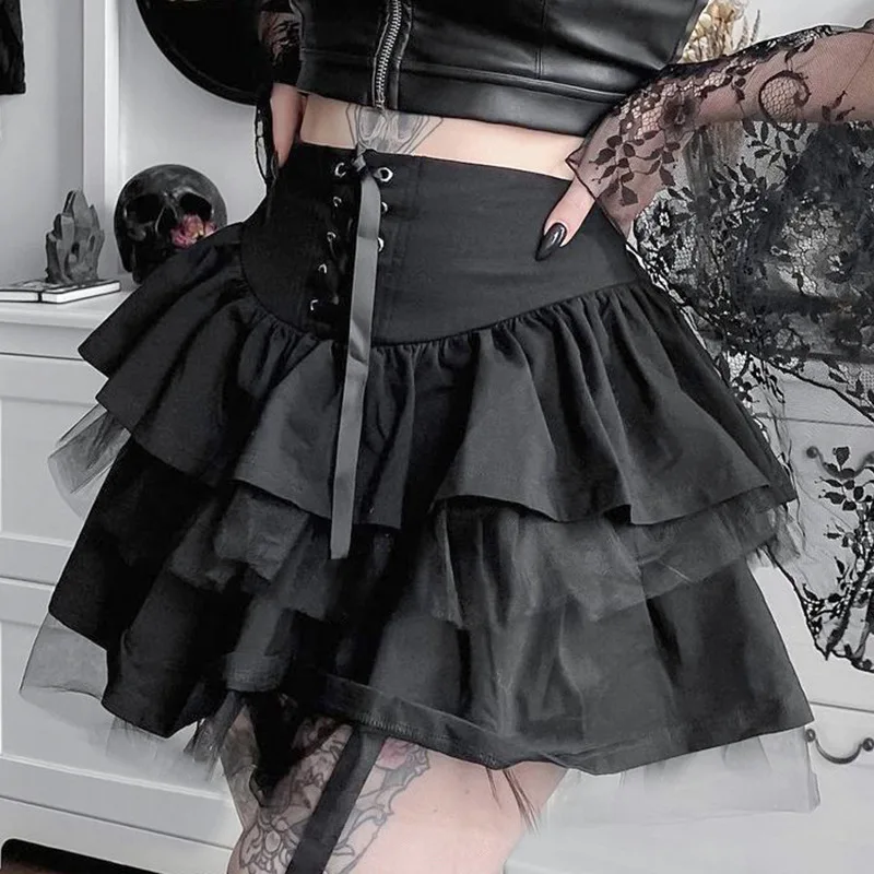 Zasznurować Gothic Y2K kobieta spódnice kratę koronki wykończenia plisowana spódnica wysokiej zwężone Harajuku Kawaii Mini spódnica elegancki Punk