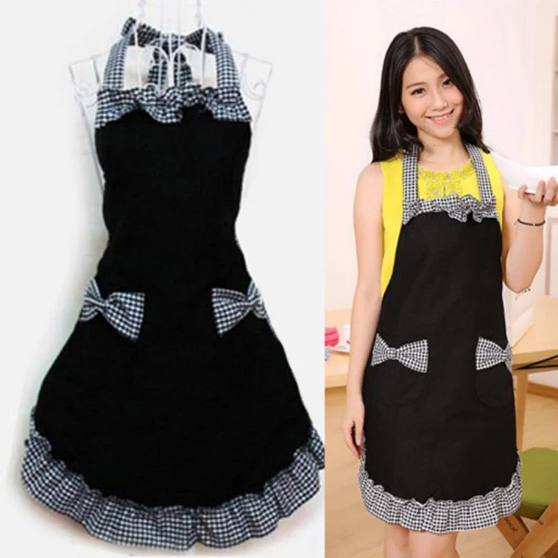 Cute Apron Retro Bowknot Plaid Ruffle Side Cooking Aprons With Pockets For Women Girls Adult Bibs Kitchen Coffee Shop Aprons