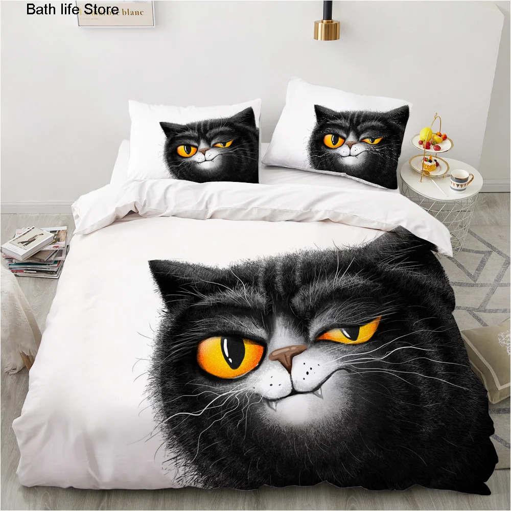 Black Cat Bedding Set Cute Cats Cartoon Duvet Cover Set Double Size Soft Fabric Bed Sets Kids Home Textile Halloween Decor Gift