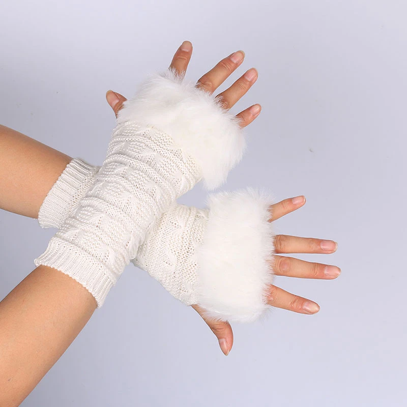 Autumn Winter Students Write Keep Warm Korean Knitting Lady Fingerless Protection Hand Warmer Faux Fur Gloves For Women