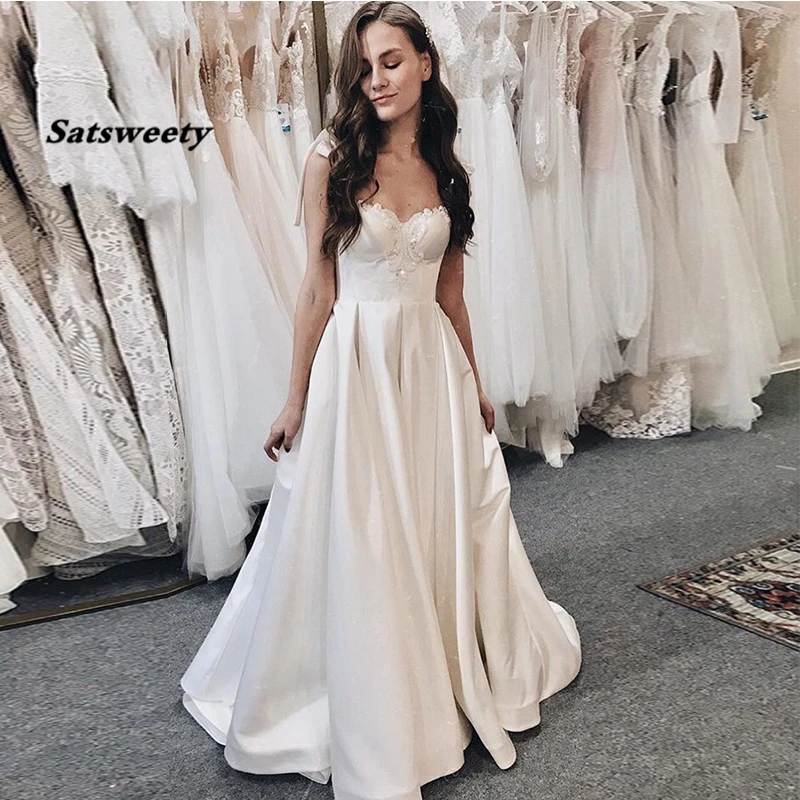 Delicate Beading Wedding Dress Bow Knot Spaghetti Straps White Ivory Bridal Gowns Sweep Train Lace Up Back Vestido De Novia