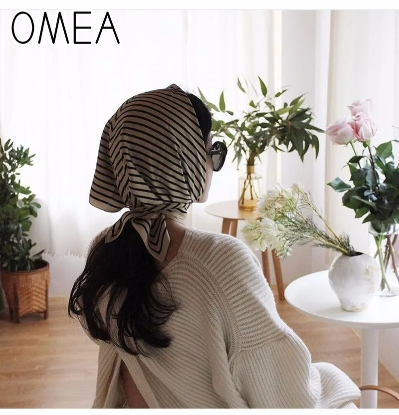 OMEA 100% Real Silk Scarf Women Fashion Modern Small Square Korean Version of The Silk Striped Pattern Luxury Head Scarf Retro