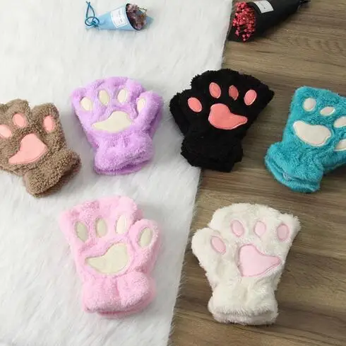 Girls Lovely Winter Warm Fingerless Gloves Fluffy Bear Cat Plush Paw Claw Half Finger Plush Gloves Mittens New Women Ski Glovees