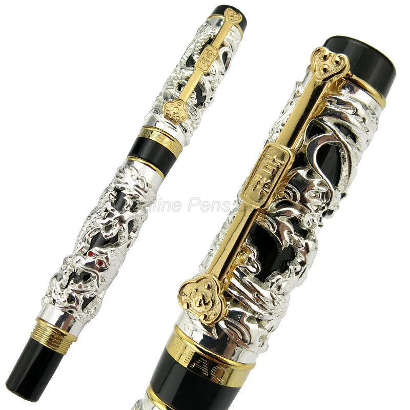 Jinhao Ancient Dragon Phoenix Fountain Pen, Metal Carving Embossing Heavy Pen, Golden & Silver For Professional Gift Pen