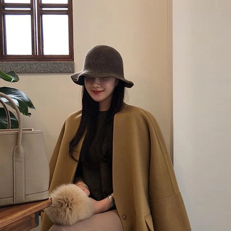 New Autumn Winter Ruffled Fisherman Bucket Hat For Women Fashion Wide Brim Fedora Wool Dome Top Casual Sombrero Muje Cape Hat