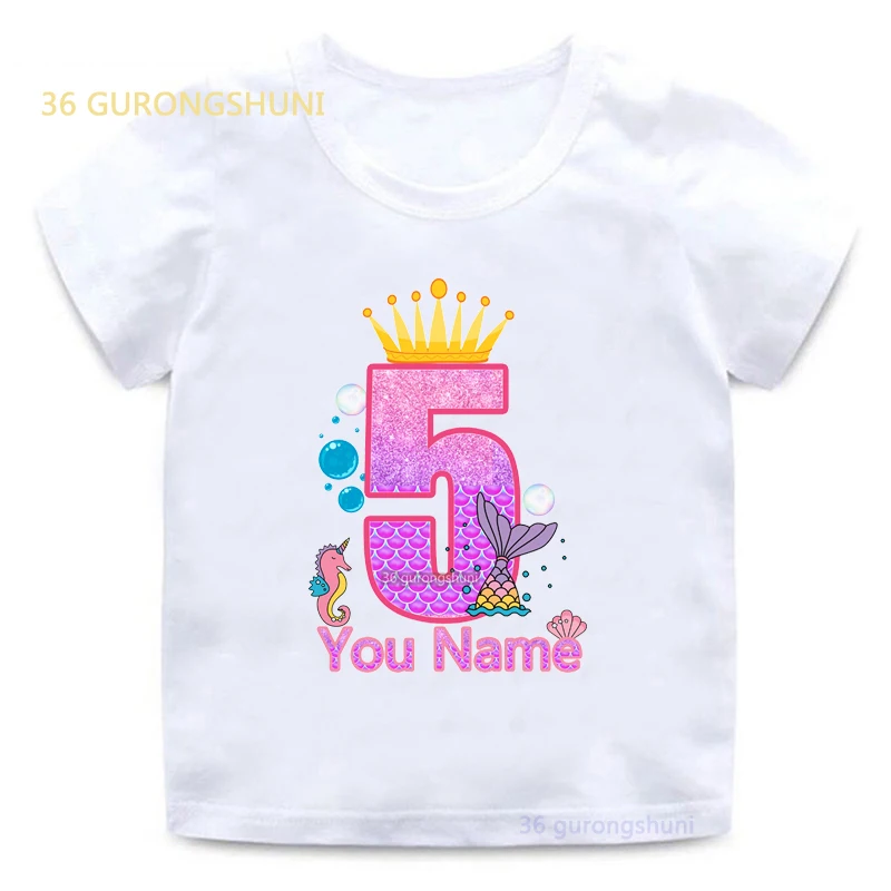 happy Birthday Print graphic t shirts children clothes Cartoon Mermaid 1 2 3 6 th clothing girl boy kids tops for girls t-shirts