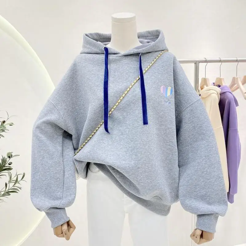 Winter Sweet Casual Plus Fleece Women Sweatshirt Embroidered Letters Padia Female Hoodie Coat Peach Heart Taro Purple Pullover