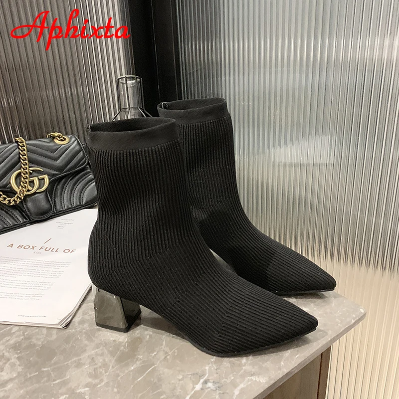 Aphixta Black 6cm Metal Square Heels Cotton Socks Boots Women Stretch Fabric Pointed Toe Shoes Ankle Boots For Woman Boats