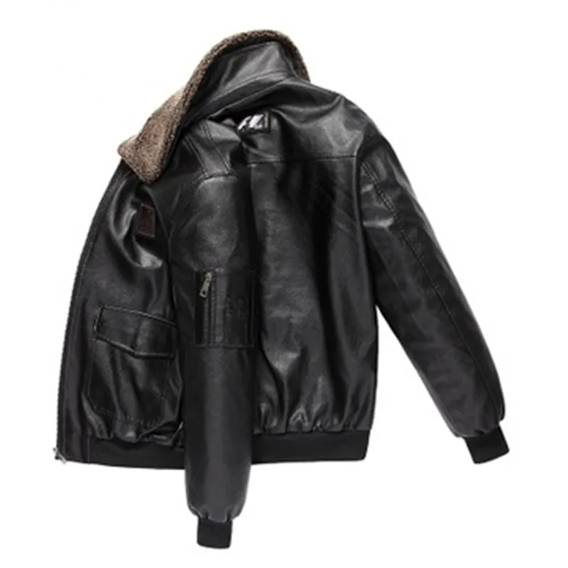 Veste en cuir PU pour hommes, manteau de fourrure de pilote de Style vélo de Moto, à la mode, mince et chaud avec col en fourrure à revers en laine