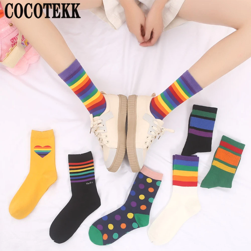 

Women Socks New Hot Harajuku Cotton Cute Soft Novelty Kawaii Funny Tube Loose Rainbow Stripes Socks Hip Hop Skateboard Socks