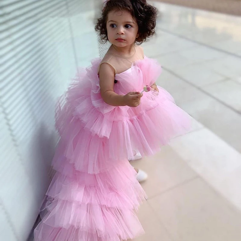 Robe de demoiselle d'honneur en tulle rose pour filles, jolie tenue de soirée, col bijou, fête pour enfants, tout ce qui est avec train, nouvel an, 2023