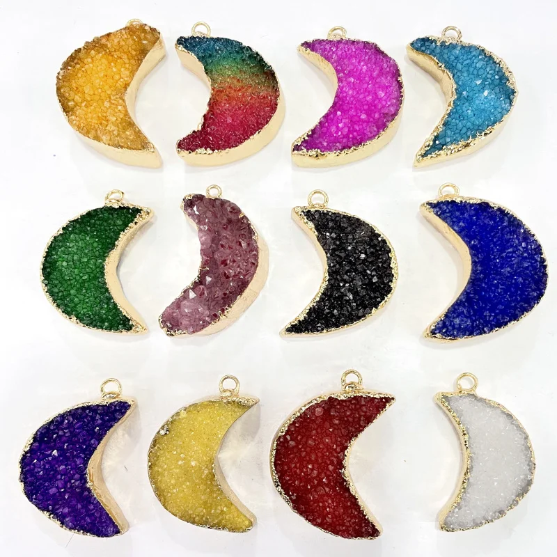 

Wholesale Natural Gem Stone Quartz Crystal Geode Druzy Moon Pendant Charms For DIY Jewelry Making Necklaces Accessories 6Pcs