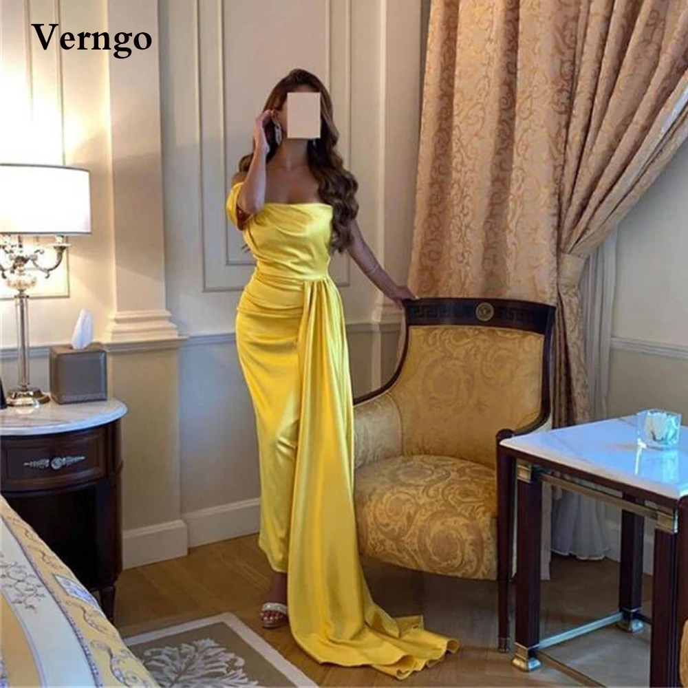 

Verngo 2021 Bright Yellow Satin Prom Dresses Off the Shoulder Strapless Ankle Length Evening Party Gowns Simple Formal Dress