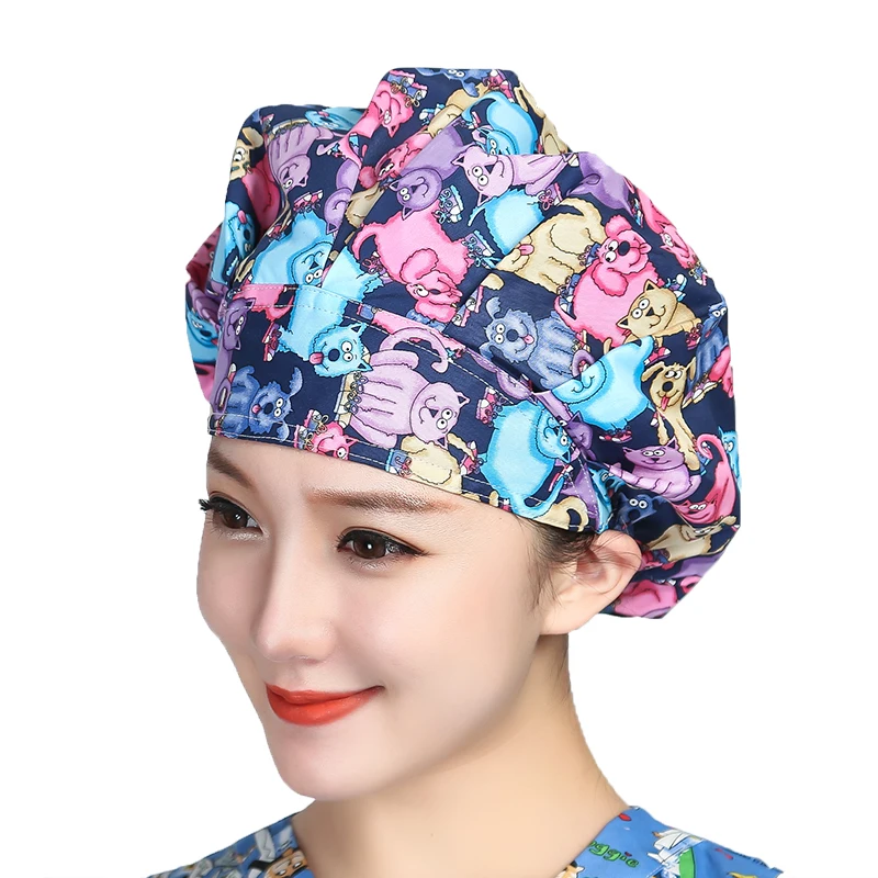 Bouffant Scrubs Hats Cartoon Printed Cotton Printed Sweatband Caps Washable Adjustable Work Wear Beauty Salon Working Caps