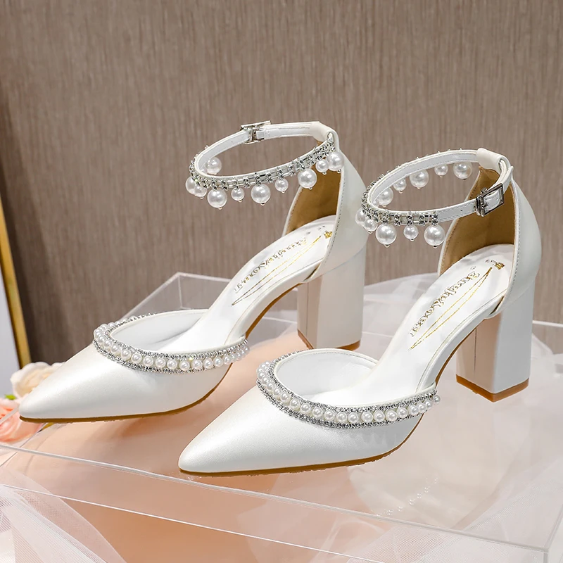 BaoYaFang White Thick Heel Bridal Wedding Shoes Woman Buckle Crystal Party Dress Tassel High Pumps Ankle Strap Fashion Sandals