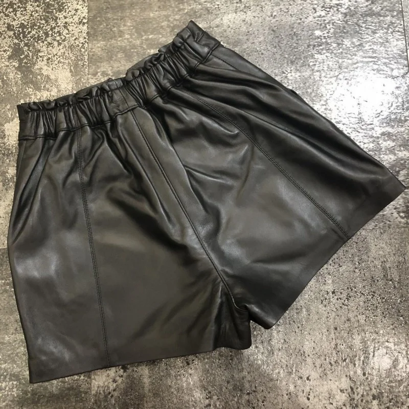 Quality High Women Ruffle High Waist Wide Leg Shorts Ladies Casual Streetwear Boot Cut Sheepskin Genuine Leather Shorts Trousers