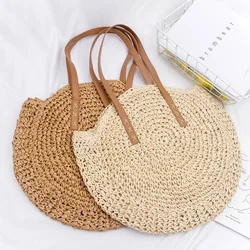 Round Straw Beach Bag Vintage Handmade Woven Shoulder Bag Raffia circle Rattan bags Bohemian Summer Vacation Casual Bags