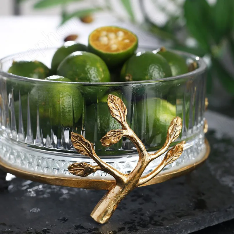 Mini Crystal Brass Fruit Bowl American Luxury Clear Glass Salad Bowls Golden Branches Embellishment Transparent Snack Dishes