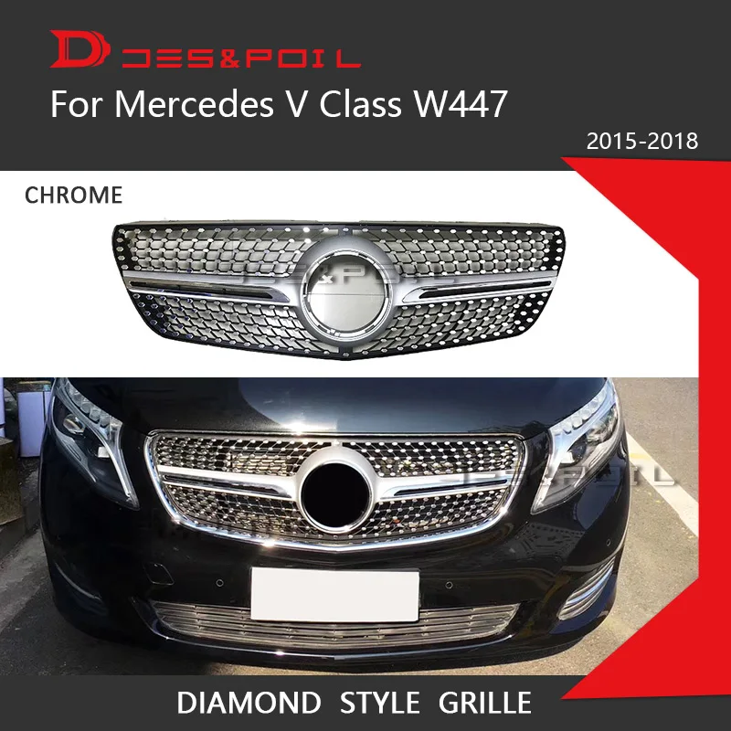 V Class W447 Diamond Grille Black Silver Chrome For Mercedes Benz V260 V250 AMG Line Front Bumper Racing Grill 2016-2018 Sports