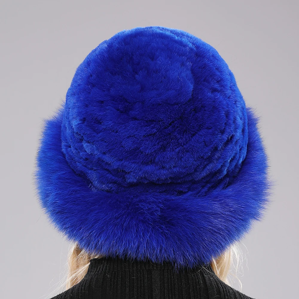 Luxury Women Winter Hat Real Rex Rabbit Fur Bomber Hats Lady Winter Genuine Fox Fur Cap Beanies Warm Soft Fluffy Natural Fur Hat