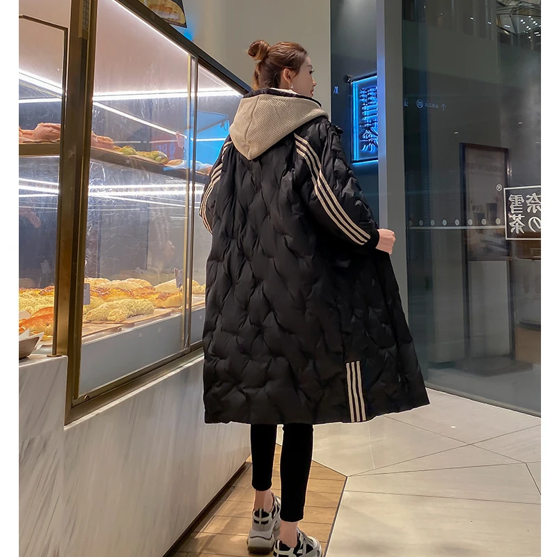 Women Black Hooded Over-knee Mid-length Down Padded Jacket 2021 Winter New Style Cotton-padded Thick Jacket