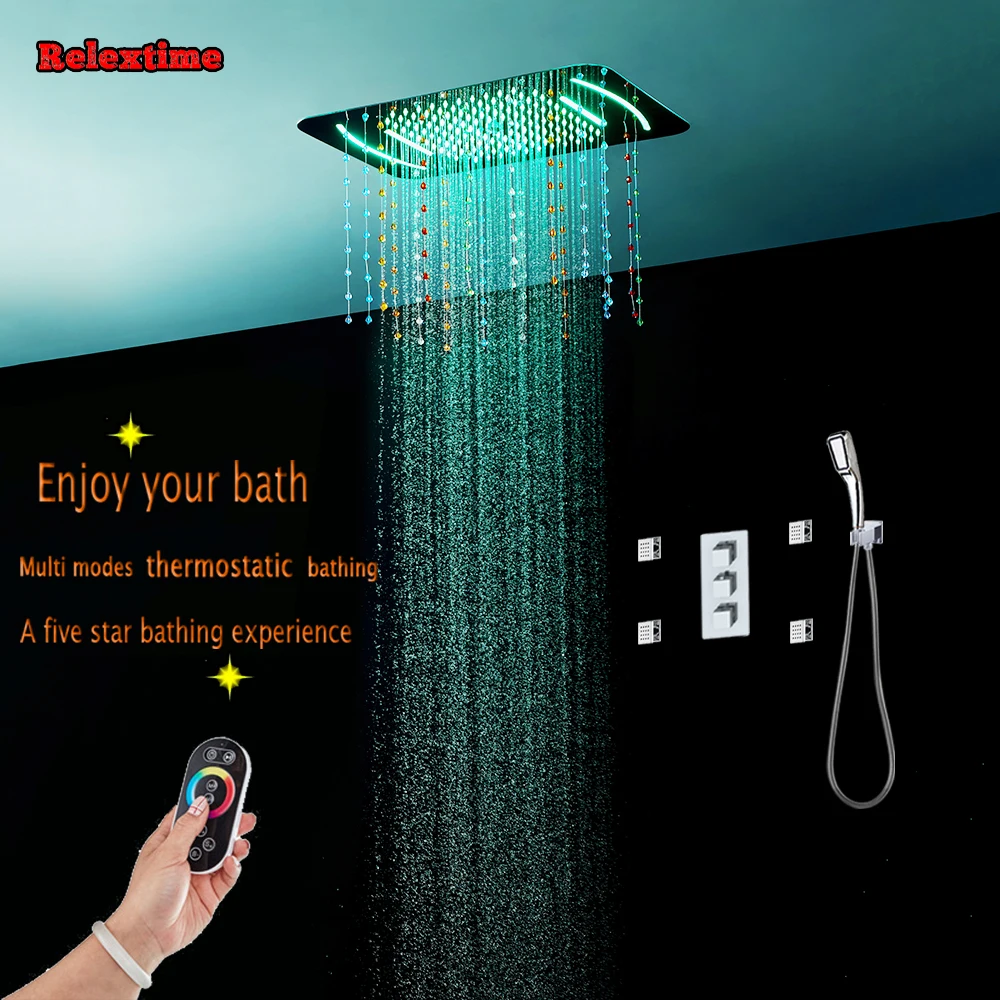 

Crystal quart Light LED Ceiling Shower Head Rain Waterfall Bathroom Concealed Shower Panel Thermostatic Mixer Faucet massage Jet