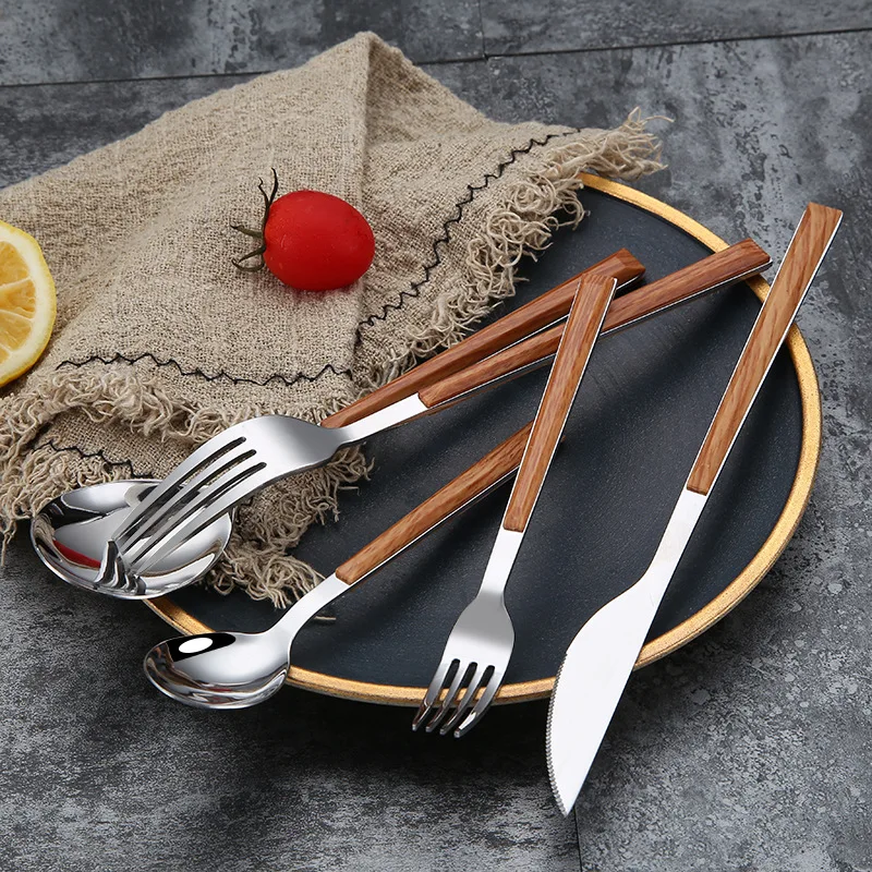 Stainless Steel Dinner Cutlery, Knives, Forks, Spoons, Black Wooden Texture Handle, Home Party Tableware, Steak Knife