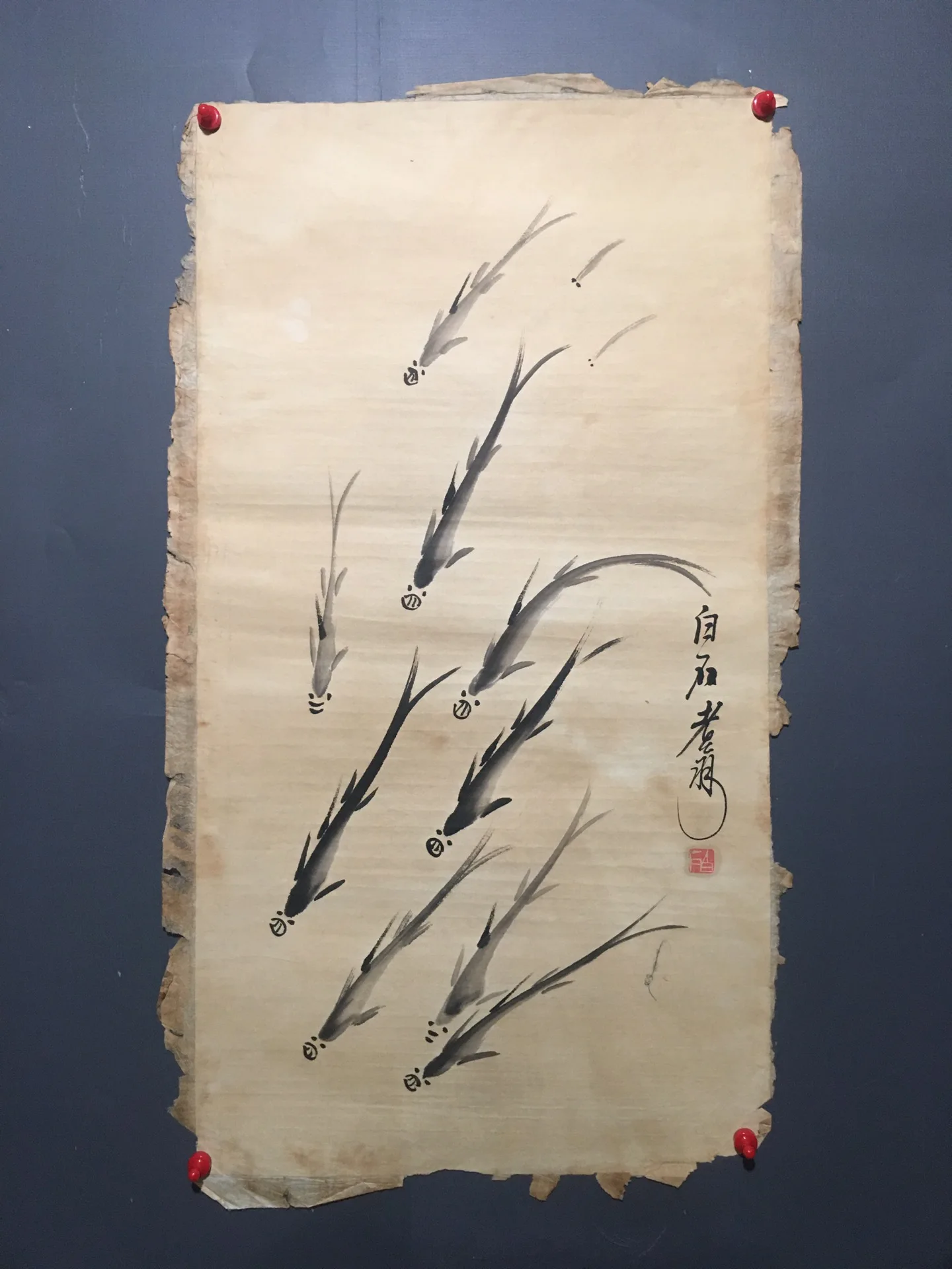 

Ancient Chinese scroll Qi Baishi fish painting xuan paper painting wall art painting for home decoration interior painting