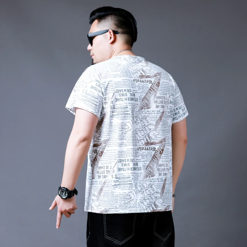 9XL 10XL Plus Size White Pattern Tee Shirt Men Oversized Top 5XL 6XL 7XL 8XL Short Sleeve Fat Summer Newspaper Loose Clothes