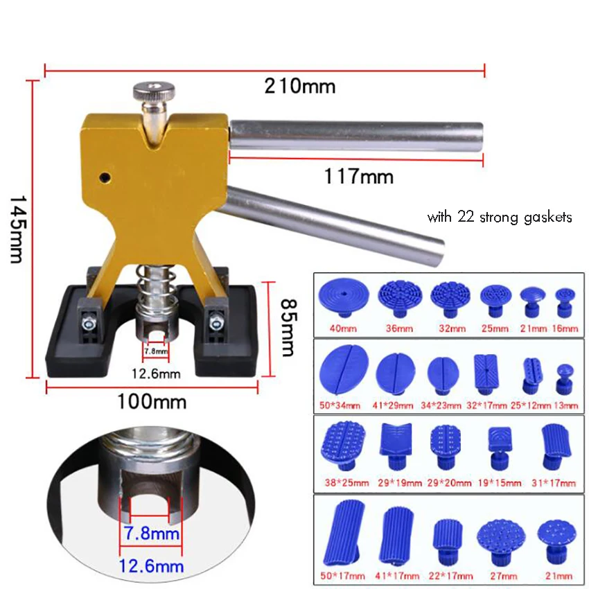 Kit estrattore per ammaccature senza vernice, 22 linguette, larghezza regolabile, Kit di rimozione ammaccature per auto, sollevatore dorato per carrozzeria