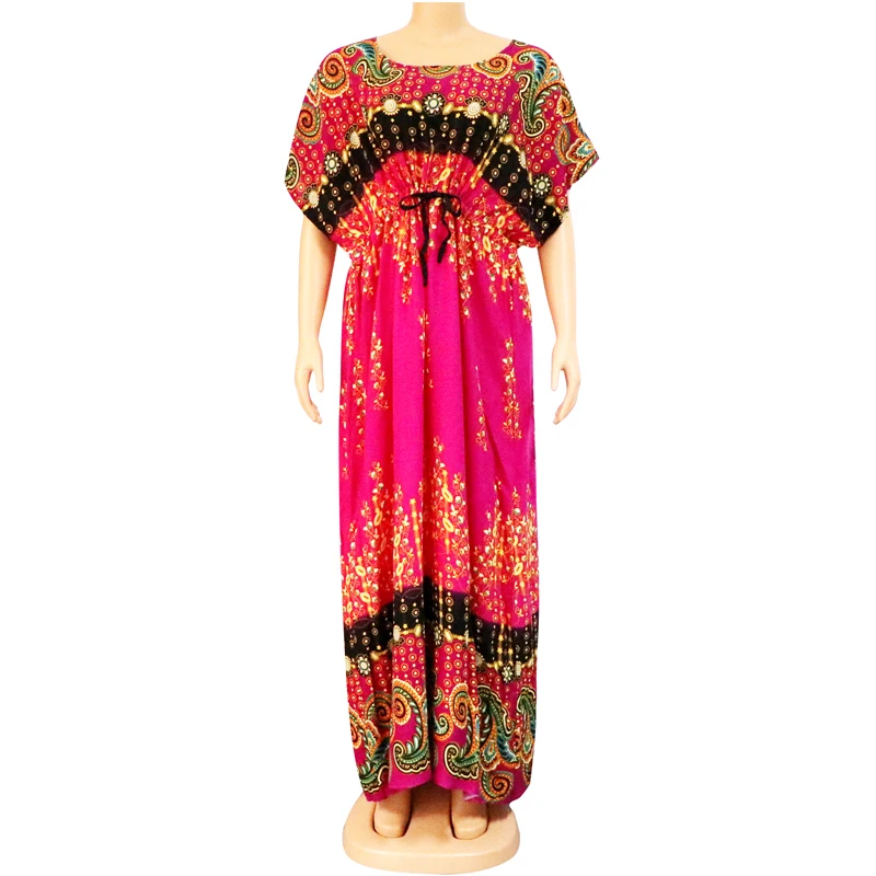 

Dashiki Printed Multicolored Elastic Waist O Neck Sashes A-Line Dress 100% Cotton African Dresses Women with Lace Side Scarf