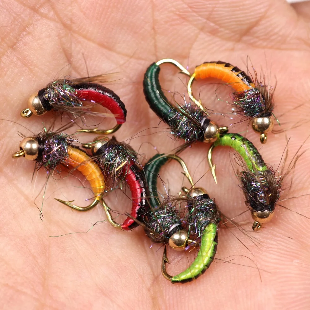 Bimoo 8pcs #12 #14 Brass Bead Head Fast Sinking Nymph Scud Fly Bug Worm Trout Fishing Flies Artificial Insect Fishing Bait Lures