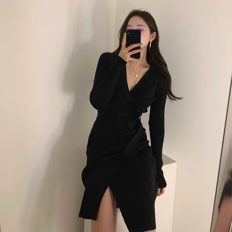 Croysier Winter Dresses For Women 2020 Elegant Belted Midi Sweater Dress V Neck Long Sleeve Ribbed Knitted Sexy Bodycon Dress