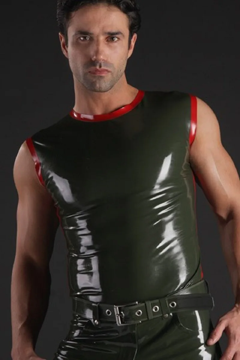 Handmade Fancy Sexy Black Mens Latex T-shirt Men Sleeveless Top With Red Trim