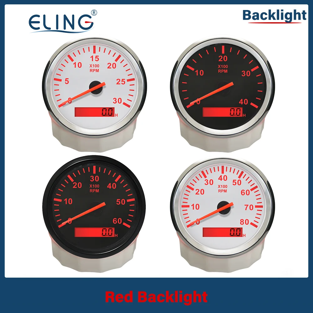 ELING 85mm Tachometer 0-3000RPM 0-4000RPM 6000RPM 8000RPM REV Counter Hour Meter 12V 24V with Red Backlight for Auto RV Boat