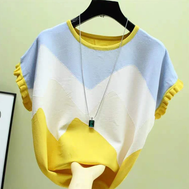 shintimes Thin T Shirt Women Knitted Stitching Color Tee Shirt Femme Summer Loose Tops Woman Short Sleeve Casual T Shirts Female