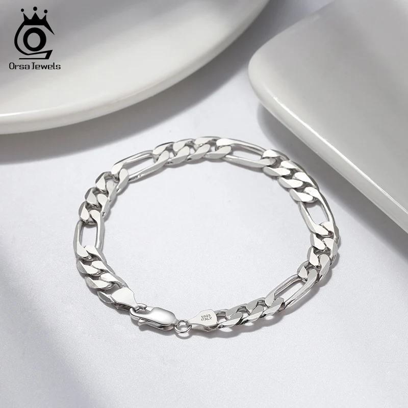 ORSA JEWELS 925 Sterling Silver Italian Punk Diamond-Cut Figaro Link Chain Bracelet for Men Teen Women Figaro Jewelry SB108