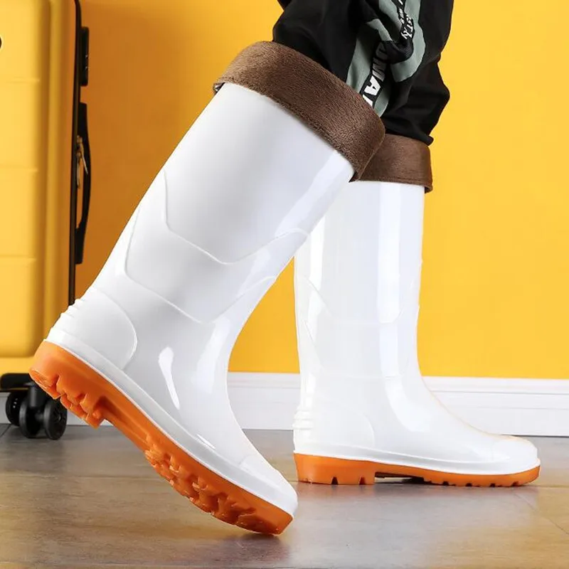 2021 Autumn White Rain Boots Men Non-slip Waterproof Work Water Boots Mid-Calf Kitchen Shoes Winter Warm Rainboots