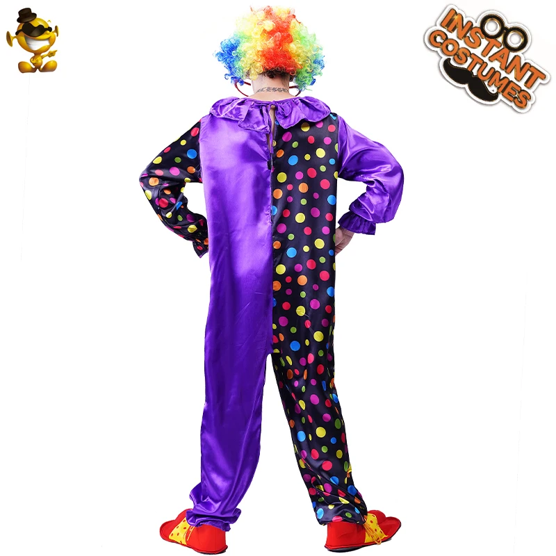 Halloween Mens Cosplay Circus Rainbow Clown Costume  Purple  Point Jumpsuit For Unisex Adult Dress Up Funny Party