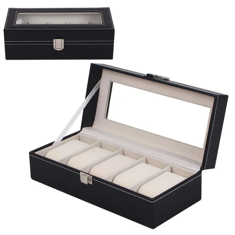 High Level Luxury PU 5 Grids Leather Watch Box Fashion Style For Convenient Travel Storage Jewelry Watch  Cases Organizer Box