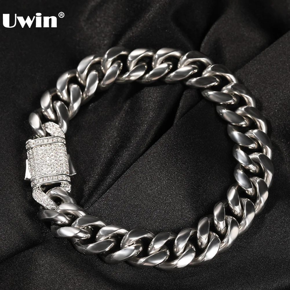 

UWIN Stainless Steel Cuban Chain Bracelets with CZ Spring Clasp for Men 12mm Glossy Cuban Bracelets Stainless Steel Jewelry