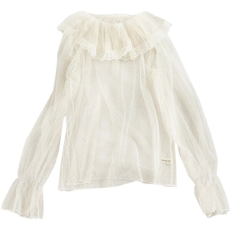 Chemise Vintage à manches évasées pour femmes, col Peter Pan, maille en dentelle à pois, fleur, gaze, à volants basiques, nouveau pull Slim élastique